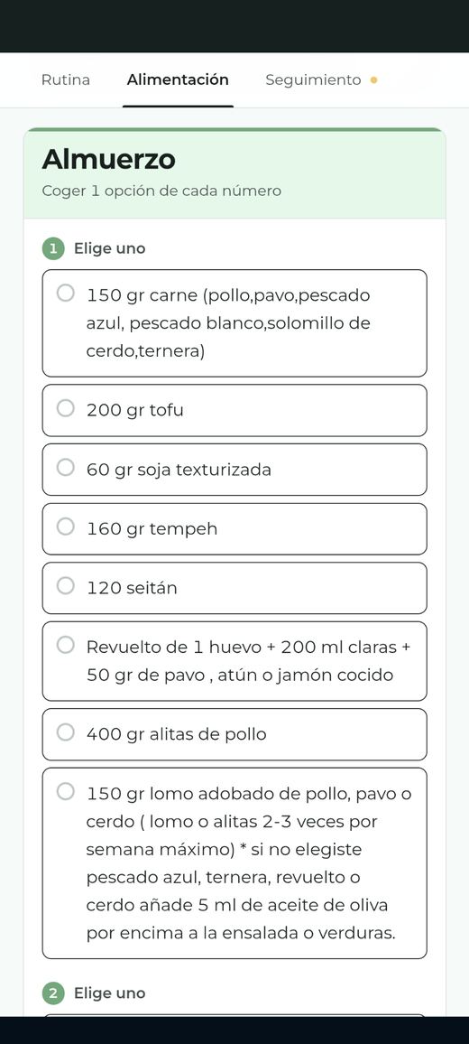 Alimentación con opciones intercambiables por comida